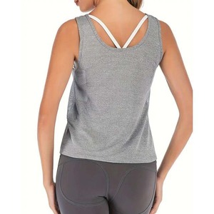 Women's Gray Scoop Neck Breathable Knitted Tank <b>Top</b> Sporty Style Solid Color 100% Polyester Regular Length - Product Image 6