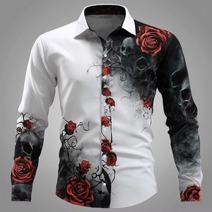 Chemise à imprimé floral pour hommes, chemise boutonnée à manches longues, style gothique foncé, streetwear, imprimé 3D, coupe slim, été - Product Image 5