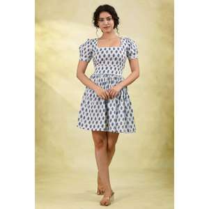 Vestido Mini Lavable Ecológico con Estampado Floral Azul y Blanco para Mujer, Manga Abullonada, Cuello Redondo, Vestido Casual de Verano para Fiesta - Product Image 5