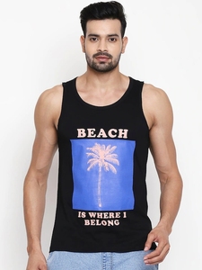 เสื้อกล้ามสีดำสำหรับผู้ชาย พิมพ์ลายต้นปาล์มชายหาด ลำลอง แขนกุด คอกลม ผ้าฝ้ายระบายอากาศได้ดี - Product Image 5