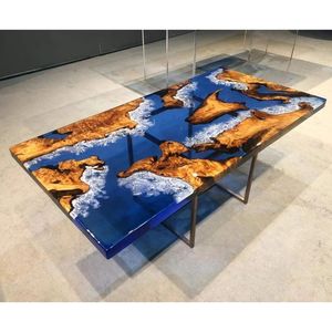 Table à manger rectangulaire en bois de chêne massif sur mesure avec résine époxy turquoise, pieds en forme d'épingle à cheveux, design moderne pour hôtel et entrepôt - Product Image 1
