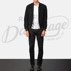 Blouson Bomber Homme Personnalisé en Daim Noir, Minimaliste, Zippé, Col Baseball, Coupe Slim, Style Décontracté Streetwear - Product Image 4