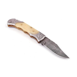 Cuchillo de bolsillo Burraq hecho a mano de acero de Damasco con punta recta de 7 pulgadas, mango de resina, funda de cuero, opciones OEM/ODM/DIY para exteriores - Product Image 1