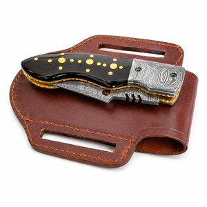 Jexmoo OEM Handmade Damascus Steel Multi-Functional Pocket Knife Black Handle Gold Dots Leather Sheath for Gifts Outdoor Use - Product Image 5