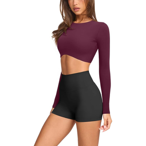 <b>Women</b> Seamless Solid Color <b>Long</b> Sleeve Yoga <b>Top</b> Crew Neck Cut-Out Design Activewear High Waist Shorts Set - Product Image 1