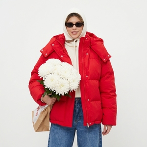 Red Quilted Puffer Jacket With Hood Full Sleeve Zipper Winter <b>Coat</b> <b>For</b> <b>Women</b> Solid Color Polyester Wadding Thick Regular Length - Product Image 5