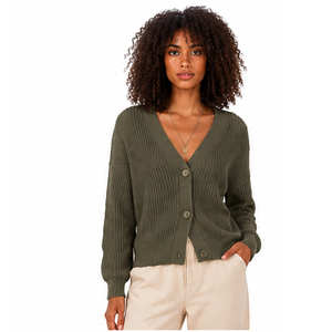2026 Women's Olive Green V-Neck Cardigan Full Sleeve Button Front Casual Sweater Solid Color Autumn Wear 100% Acrylic Knitted - Product Image 1