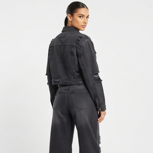 Women's Black Distressed <b>Denim</b> <b>Jacket</b> Set Long Sleeve Ripped Casual <b>Denim</b> Two Piece Women Street Style Jeans Set - Product Image 5