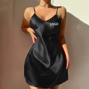 Sexy <b>Black</b> Satin V-neck Long Sleeve Women's Nightgown Sleepwear with Lace Back Detail Elastic Waist Spring Lingerie - Product Image 2