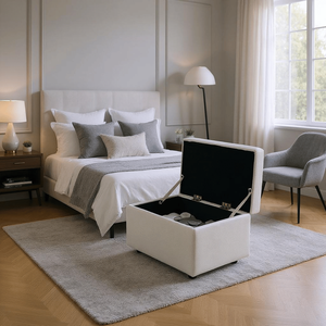 Panca Ottomana in Lino Beige Testurizzato (63x43x43cm) con Piedini in Gomma per Ingresso, Camera da Letto o Soggiorno - Product Image 6