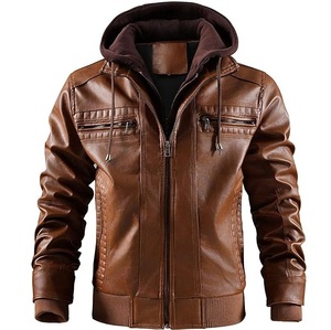 Chaqueta de cuero PU para hombre, estilo motociclista, talla grande, con capucha, transpirable, con cremallera, para otoño, en marrón y negro, venta al por mayor de fábrica. - Product Image 3