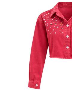 Veste en jean courte pour femme, rouge vif personnalisée, avec fermeture boutonnée sur le devant ornée de strass, manches longues, style streetwear tendance - Product Image 5