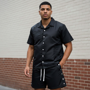 Conjunto de Camisa y Pantalones Cortos de Satén Negro para Hombre, Cuello Camisero, Color Sólido, Ropa Casual de Verano, Secado Rápido, Poliéster - Product Image 4