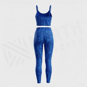 Women's Blue Tie Dye Yoga Set High Waist <b>Leggings</b> and Spaghetti Strap Sports Bra 2 Piece Gym <b>Activewear</b> - Product Image 2