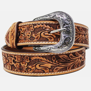 Cinturón de cuero occidental para hombre, tallado a mano con motivos florales en relieve, estilo vintage, con hebilla de latón antiguo de diseño. - Product Image 6