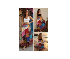 Reversible <b>Patchwork</b> Wrap <b>Skirt</b> Handmade Silk Long Maxi Adjustable Waist Bohemian Style Breathable for Women - Product Image 2