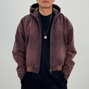 Veste à capuche zippée pour homme, coupe droite, en tissu délavé, avec logo tissé sur le devant, 430g, couleur unie, style streetwear décontracté - Product Image 1