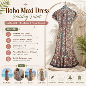 Robe longue bohème pour femme à col en V, imprimé cachemire, avec manches courtes à pompons, coupe ample et fluide, idéale pour la plage, les vacances et les stations balnéaires - Product Image 2