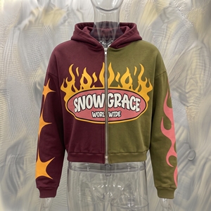 เสื้อฮู้ดโอเวอร์ไซส์ทรงครอปแบบซิป Snow Grace สำหรับทุกเพศ สไตล์สตรีทแวร์ฤดูหนาว ลายพิมพ์เปลวไฟ โลโก้ด้านหน้า ผลิตจากผ้าฝ้าย 80% โพลีเอสเตอร์ 20% เนื้อผ้าเฟรนช์เทอร์รี่ - Product Image 3