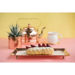 Rectangular Copper Decorative <b>Tray</b> with <b>Gold</b>-Plated Finish and Feet Modern Design for <b>Serving</b> - Product Image 1