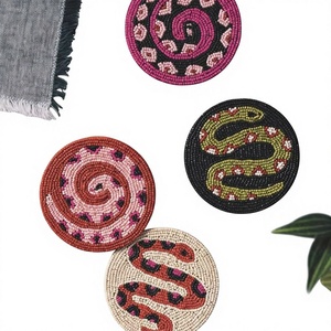Handmade Abstract Snake <b>Beaded</b> Durable Round Embroidered Artistic Drink <b>Coaster</b> Modern Home Decor - Product Image 1