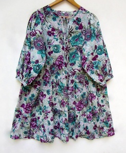 Minivestido maxi de algodón con estampado floral del Valle de colores recién llegado, minivestido maxi de verano con escote Henley y corbata de algodón para mujer - Product Image 1
