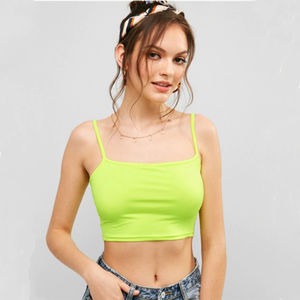 Camiseta sin mangas para mujer, estilo halter, transpirable, tejida, 100% algodón, corta, informal, verde fluorescente, ajustada, sexy - Product Image 4