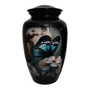 Urna Funeraria Negra con Diseño de Mariposa Azul y Flor de Cerezo para Cenizas de Adultos, Urna Conmemorativa con Bolsa de Terciopelo Gratis - Product Image 1