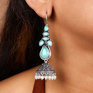 Bulk Order Wholesale <b>Oxidized</b> Silver Green Stone Fashion Dangle Earrings for Women Ready Stock Fast Shipping - Product Image 1