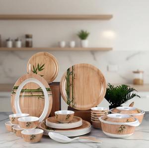 31-Piece Luxury Melamine Dinnerware Set - Bamboo Delight | Premium Floral Dining Set for 6 Break-Resistant Round <b>Plates</b> & Bowls - Product Image 1