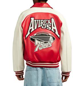 Avirex Men's Red Varsity <b>Jacket</b> Embroidered <b>Patch</b> Front Zipper Regular Fit Turn-down Collar Leather Fusion of Strength - Product Image 6