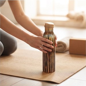 Handmade Retro Copper Water Bottle with Screw-On Lid Brown Gold Striped Pattern <b>Metal</b> Drinkware - Product Image 4