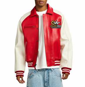 Veste universitaire en cuir véritable Goldenwave Factory personnalisée |   Blouson bomber avec logo brodé |   Manchette côtelée de qualité supérieure et doublure matelassée - Product Image 1