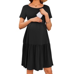 Robe de maternité et d'allaitement décontractée, longueur genou, manches courtes, couleur unie, pour la maison, OEM - Product Image 2