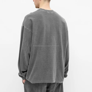 240gsm Contrast Stitch Faded <b>Black</b> Retro T-shirt Oversized Long Sleeve Crew Neck Tee Vintage Washed Distressed <b>Men's</b> Sweatshirt - Product Image 5