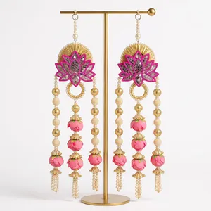 Handmade Eco-Friendly Plastic <b>Pink</b> Lotus Beaded Hanging <b>Decor</b> Pearl Strings Gold Accents Reusable Door Wall Pooja Decoration - Product Image 1