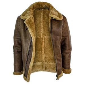 Blouson aviateur en cuir véritable pour homme avec doublure en fourrure de mouton, col rabattable, fermeture éclair, style moto hiver - Product Image 2