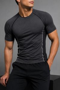 T-shirt de compression à manches courtes gris foncé pour homme, séchage rapide, coupe ajustée, col rond, tricoté, sportif, pour l'entraînement et la gym - Product Image 5