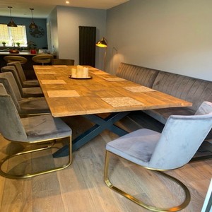 Ensemble de table à manger en bois massif de luxe moderne, table rectangulaire en bois avec pieds croisés, meubles de salle à manger de style farmhouse vieilli, chaises - Product Image 1