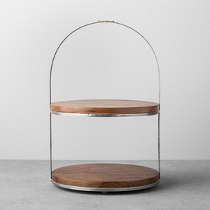 Support à gâteau en bois à 2 niveaux avec cadre en fil métallique, plateau rond pour pâtisseries et desserts, présentoir à cupcakes pour mariage et anniversaire - Product Image 1