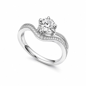 Anillo de compromiso de oro blanco para mujer con diamante redondo de talla brillante, engaste de puntas, estilo clásico y banda pavé - Product Image 3