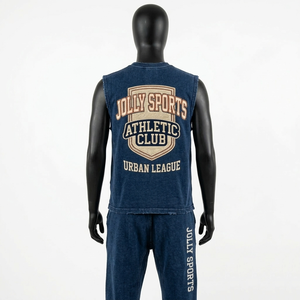 Heavyweight 220 GSM Washed Cotton Sleeveless T Shirt And Jogger <b>Pants</b> Dark Blue Streetwear Custom Logo T shirt and <b>pant</b> men's - Product Image 3