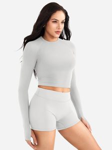 Womens Gym Clothes <b>Long</b> Sleeve Top With Scrunch Butt Shorts Yoga Sets 2 Piece Summer Casual Solid Crew Neck <b>Matching</b> T-shirt Set - Product Image 2