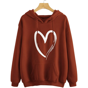 Sweat-shirt à capuche pour femme, couleur rouille, avec imprimé cœur blanc, poche avant, tricoté, manches longues, vêtement décontracté d'automne - Product Image 1