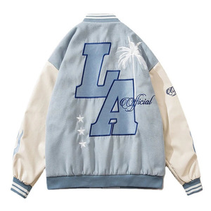 Veste universitaire bleu clair avec imprimé lettres brodées, style décontracté, pour l'automne, coupe classique, en polyester et coton, fermeture boutonnée - Product Image 4