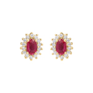 Pendientes de Oro Amarillo de 18k con Rubí Ovalado Natural y Halo Floral de Diamantes, Joyas Memoria, Venta al Por Mayor - Product Image 1