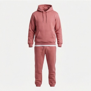 Unisex <b>Pink</b> Hooded <b>Tracksuit</b> Solid Color Casual Full Length Cotton Sweatshirt And Pants Set With Drawstring Closure - Product Image 1