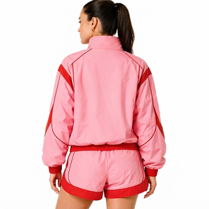 Women's Pink Red Color Blocked Sporty 2 Piece <b>Shorts</b> Set Full Sleeve Zipper Regular Fit Breathable Polyester/Cotton <b>Sequined</b> - Product Image 4