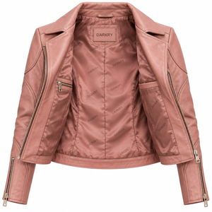 Chaqueta de Cuero Genuino de Cordero Rosa Polvoriento para Mujer, con Cremallera Diagonal, Solapa con Muescas, Ajuste Delgado, Estilo Biker - Product Image 5