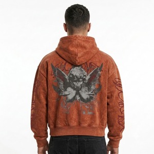 <b>Men</b>’s Burnt Orange Graphic Hoodie Cropped Oversized Gothic Angel Print Vintage Washed Y2K Streetwear <b>Pullover</b> Custom OEM Bulk - Product Image 2